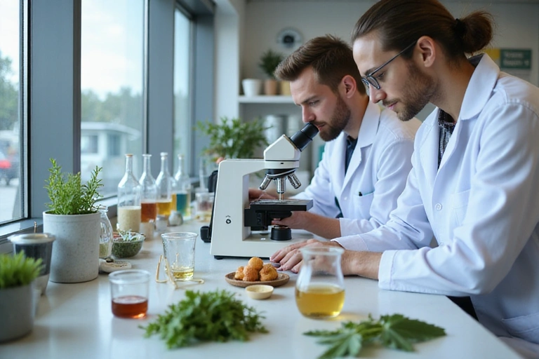 Científicos examinado ingredientes naturales en un laboratorio