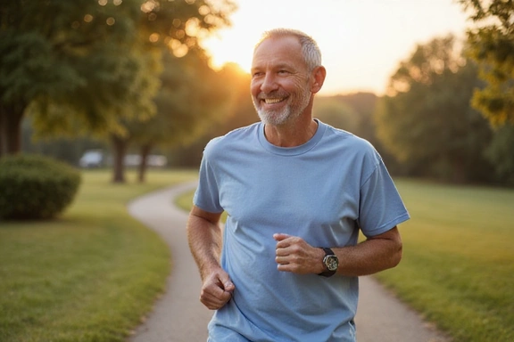 Hombre maduro sonriendo mientras corre al aire libre, simbolizando salud cardiovascular.