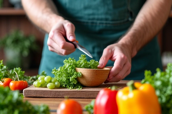 Hombre preparando una comida saludable con vegetales frescos, promoviendo una dieta equilibrada.
