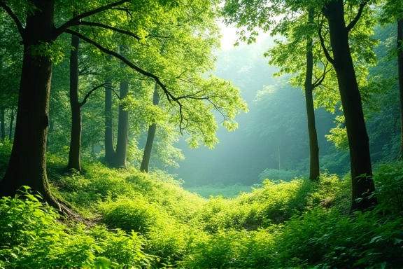 Bosque exuberante y verde con luz solar filtrándose