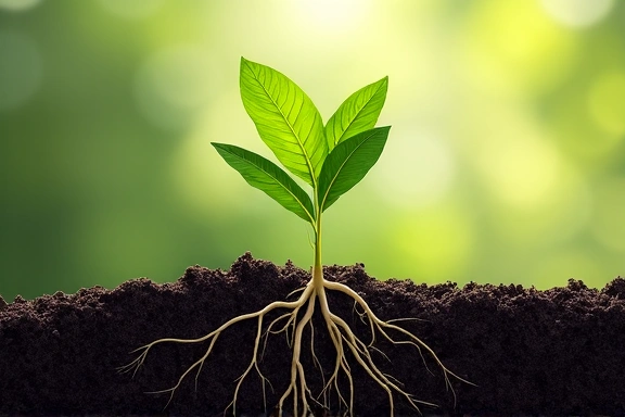 Hojas verdes y raíces emergiendo de tierra fértil, simbolizando el origen natural y la pureza de los ingredientes.