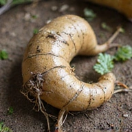 Una raíz de ginseng fresca y robusta, con pequeñas hojas verdes.