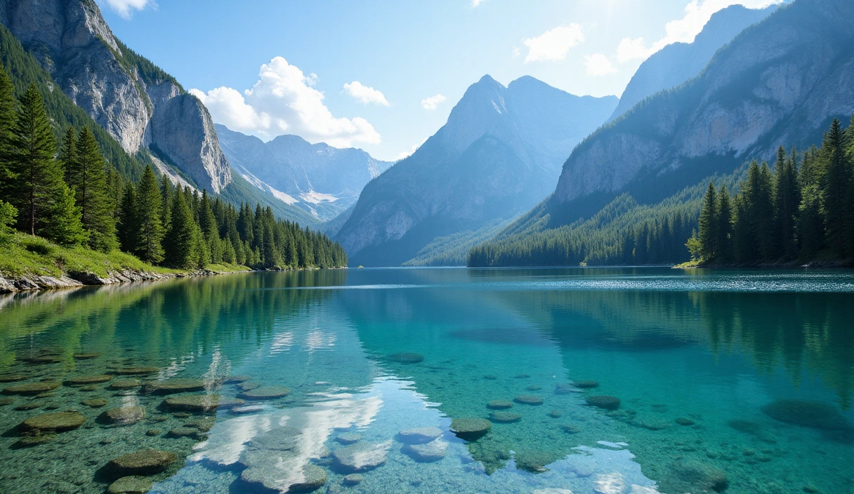 Paisaje natural con montañas y un lago, simbolizando salud y energía natural.