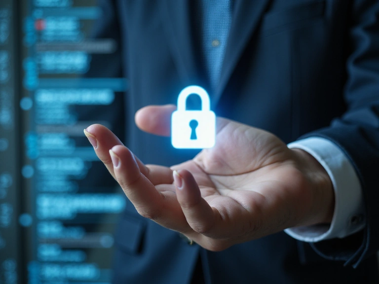 Mano protegiendo un candado digital, simbolizando la seguridad de los datos