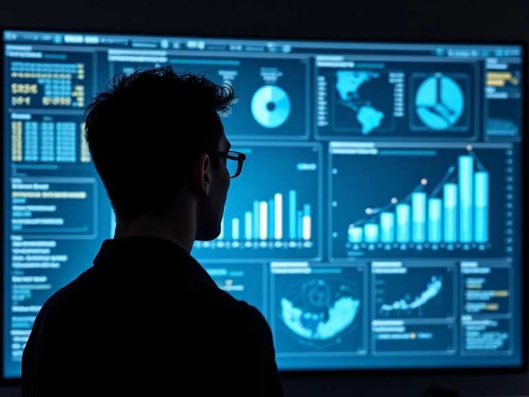 Persona analizando datos en una pantalla con gráficos y estadísticas