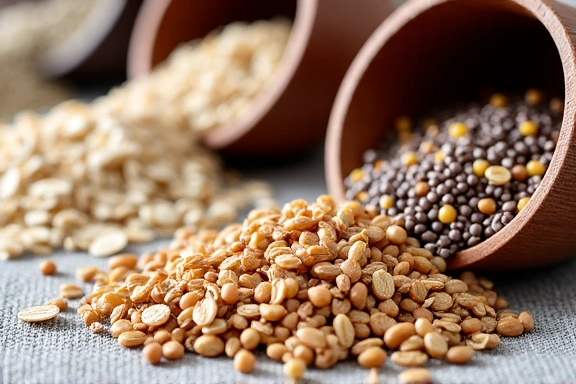 Cereales integrales y semillas, representando una dieta equilibrada